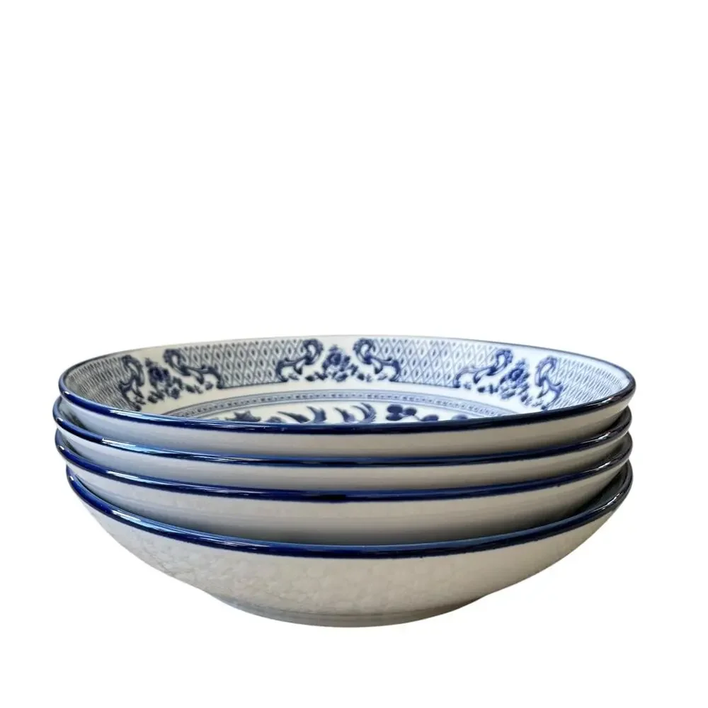 Eaton Fine Dining English Willow 9in Pasta Bowls Blue & White Set of 4 NEW